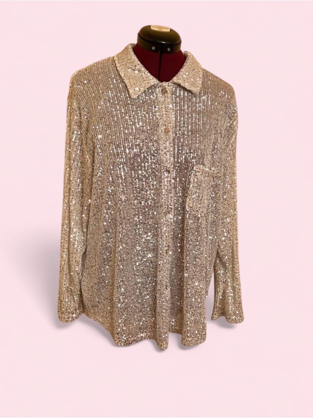 Women’s Amazing Lace Sequin Button-Up Shirt in Champagne Size Small